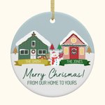 Personnalisé From Our Home To Yours Cabin Snowman Ceramic Ornament with 2 Family Names Christmas Tree Decor Gift for Neighbor Family