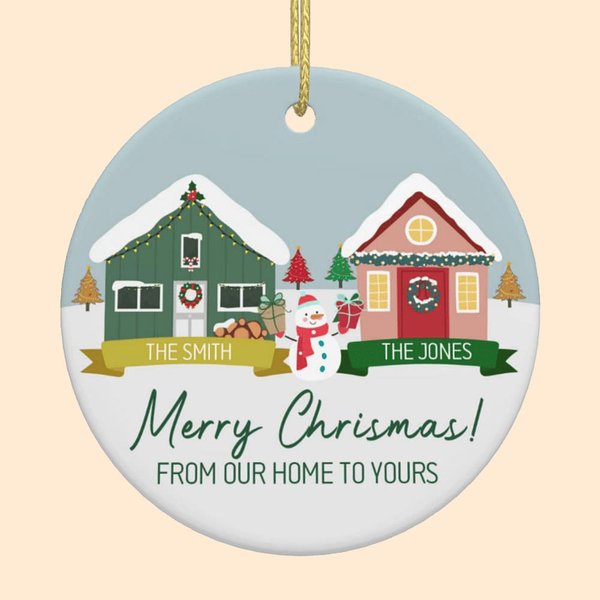 Personalized From Our Home To Yours Cabin Snowman Ceramic Ornament with 2 Family Names Christmas Tree Decor Gift for Neighbor Family