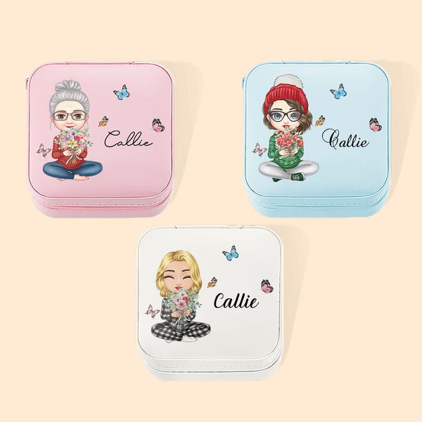 Personalized Portable Birth Flower Cartoon Character PU Leather Jewelry Box with Name Travel Accessories Birthday Gift for Women