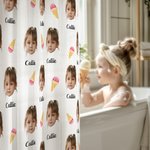 Personalized Multicolor Heart Ice Cream Waterproof Photo Name Shower Curtain with 12 Rust-Proof Grommets Bathroom Decor Birthday Gift for Family Kids
