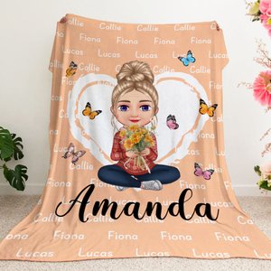 Personalized Multicolor Heart Cartoon Mom Grandma Birth Flower Bouquet Throw Blanket with Name Home Decor Birthday Christmas Gift for Women