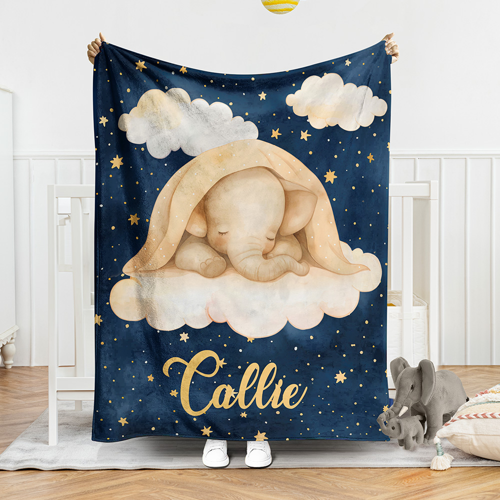 Couverture personnalisée avec nom et motif de l'éléphant de la nuit étoilée Décoration d'intérieur Cadeau d'anniversaire pour les enfants