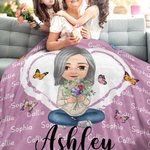 Personalised Multicolor Heart Cartoon Mom Grandma Birth Flower Bouquet Throw Blanket with Name Home Decor Birthday Christmas Gift for Women
