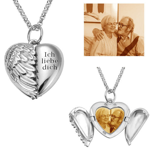 Personalisierte Medaillon Halskette mit Engelsflügeln Foto und Text Gravur im Herzform Geburtstag Jahrestag Geschenk für sie