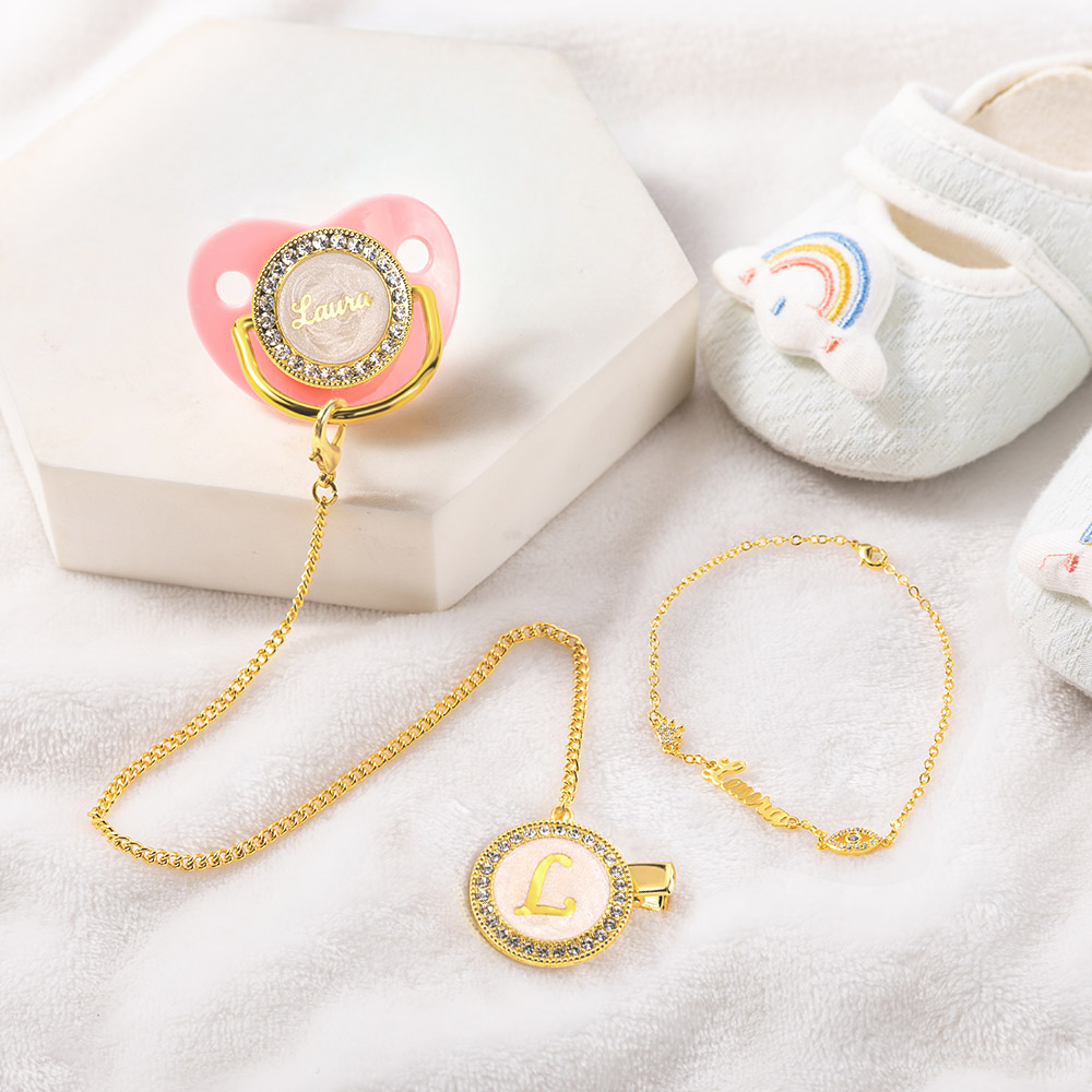 Personalized BPA Free Pacifier Set Bracelet with Name and Initial Baby