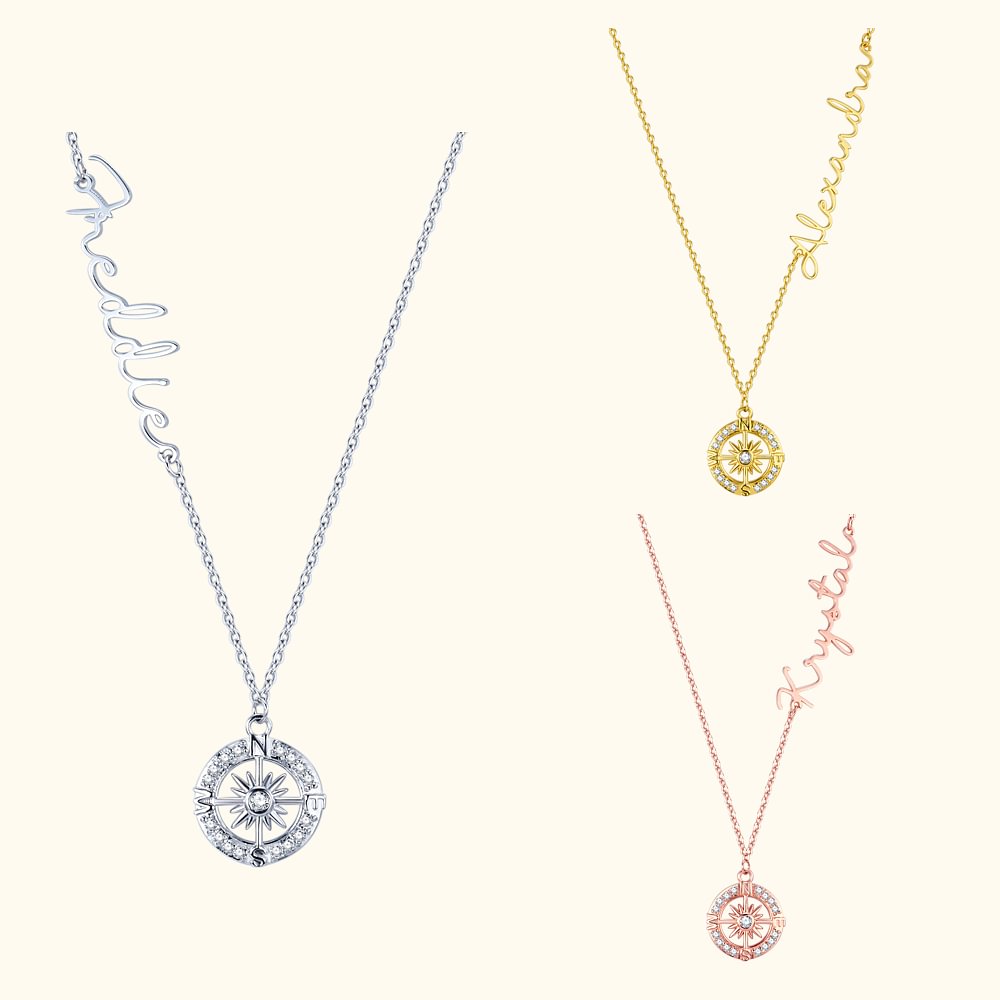 Collier boussole en zircon personnalisé avec nom latéral Cadeau d'anniversaire et de fin d'études pour femmes voyageuses