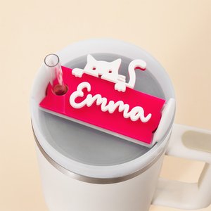 Personalised Curious Peeping Cat Glitter Acrylic Tumbler Name Plate Tag Cute Accessories for Stanley Birthday Gift for Cat Mom Pet Owner