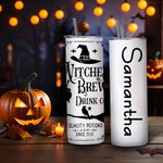 Personalised Witches Brew Drink Co Frosted Glass Tumbler Skinny Tumbler with Name Lid and Straw Birthday Halloween Gift for Family