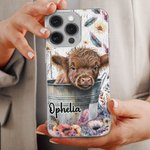 Personalizzato carino acquerello Highland Cow Slim Phone Case per iPhone con nome Compleanno regalo di Natale per gli amanti delle mucche Highland