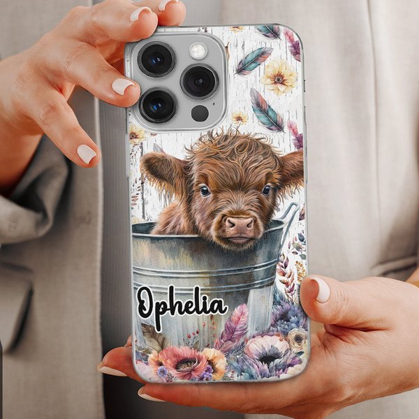 Cute Watercolor Highland Cow iPhone Case with Name