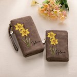 Personalized Watercolour Birth Flower Tri-Fold PU Leather Wristlet Wallet with Card Holder and Name Birthday Anniversary Gift for Women