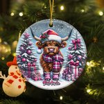 Personalized Pink Cute Highland Cow Christmas Ceramic Ornament with Name Tree Decor Christmas Gift for Family Kids