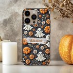 Personalized 3D Relief Effect Ghost Pumpkin Flower Spider Web Phone Case for iPhone with Name Halloween Gift for Family Friend