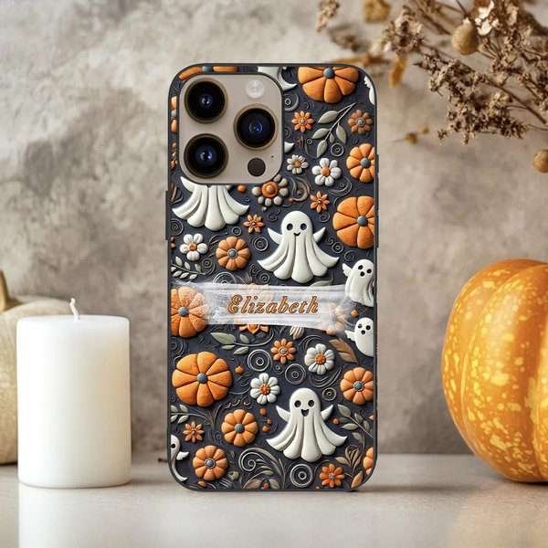 Personalized 3D Relief Effect Ghost Pumpkin Flower Spider Web Phone Case for iPhone with Name Halloween Gift for Family Friend