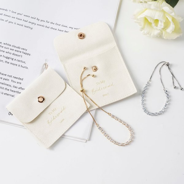 Personalised Dainty Cubic Zircon Adjustable Tennis Bracelet Leather Button Jewellery Pouch Set with Name Wedding Bridal Party Favors for Bridesmaids