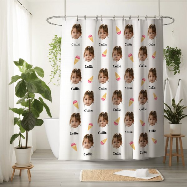 Personalized Multicolor Heart Ice Cream Waterproof Photo Name Shower Curtain with 12 Rust-Proof Grommets Bathroom Decor Birthday Gift for Family Kids