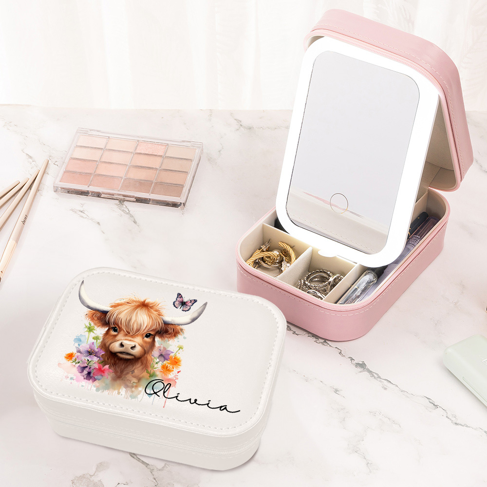 Personalized Cute Floral Highland Cow Jewelry Box with Name and LED