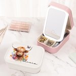 Personalised Cute Floral Highland Cow Jewellery Box with Name and LED Three-color Adjustable Makeup Mirror Birthday Gift for Women Highland Cow Lovers
