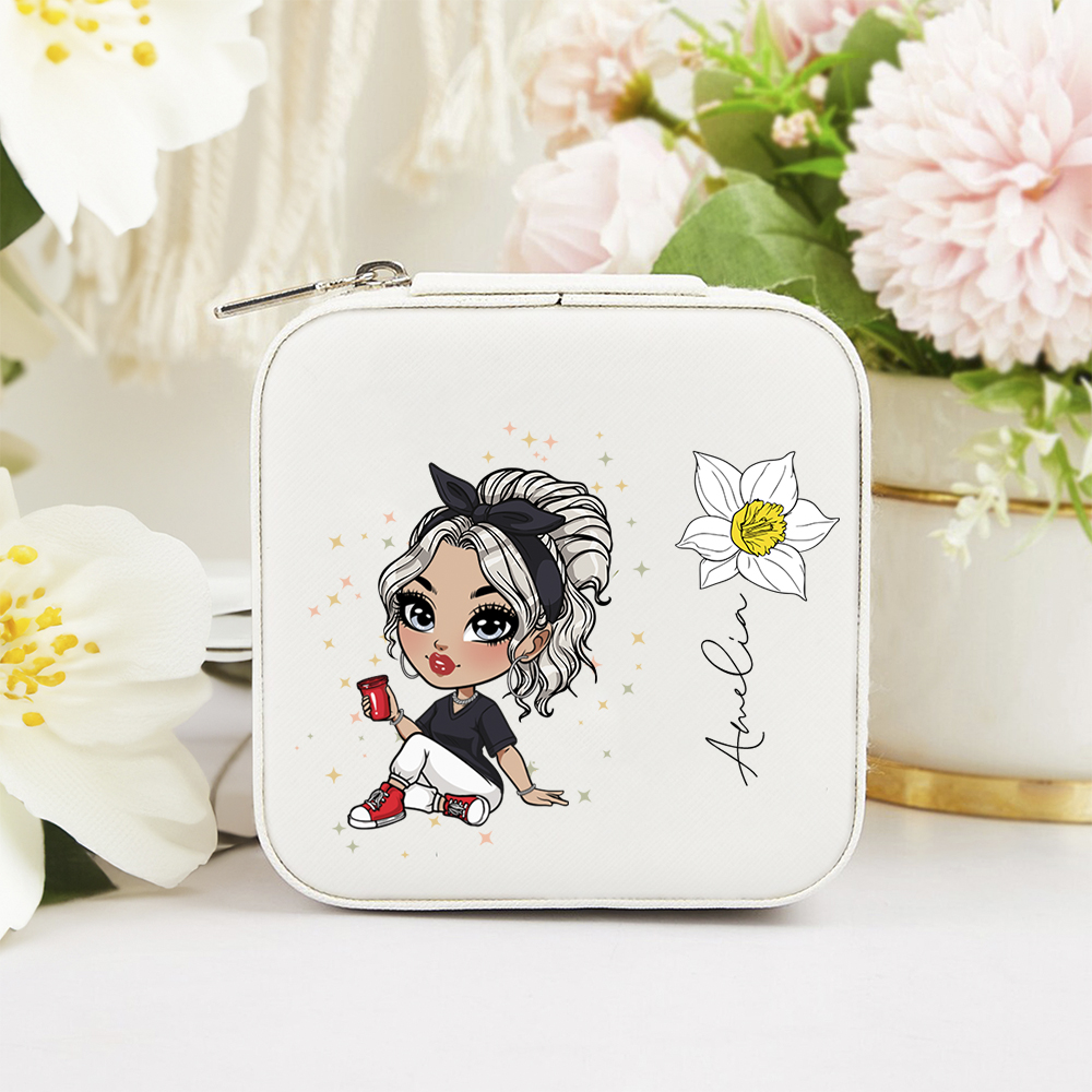 Boîte à bijoux portable personnalisée avec nom et prénom pour la naissance d'une jeune fille, en forme de dessin animé, cadeau de voyage essentiel pour les femmes