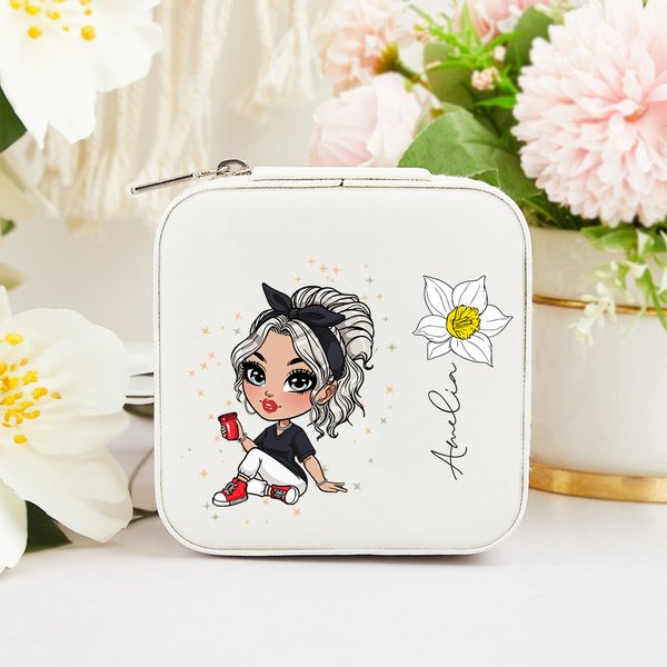 Personalized Portable  Cartoon Fashion Girl Birth Flower Jewelry Box with Name Birthday Travel Essential Gift for Women