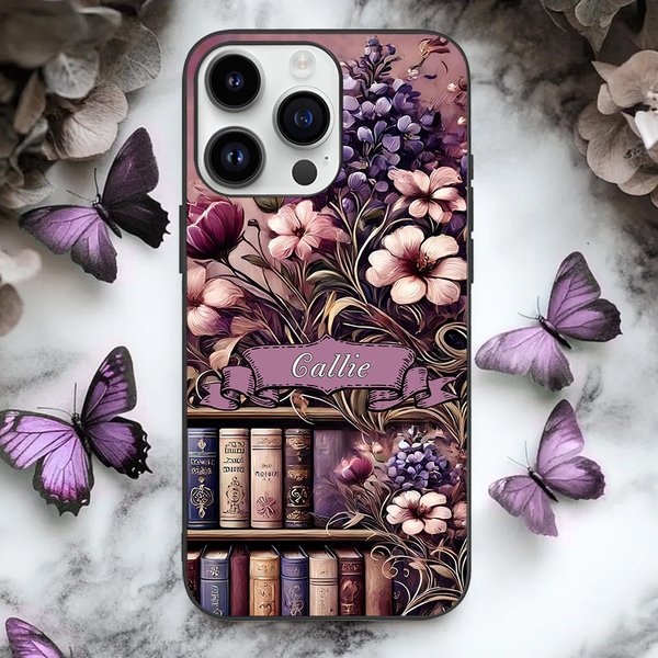 Personalized Vintage Oil Painting Style Floral Bookshelf Slim Phone Case for iPhone with Name Birthday Gift for Book Lovers Women