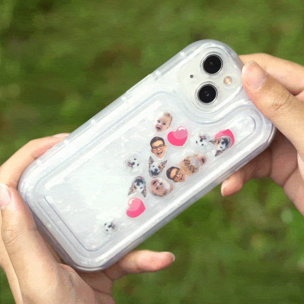 Personalised Shell Pattern Funny Shaker Assemblable Phone Case with Face Photo and Heart Shaking Charms for iPhone Birthday Gift for Family Friends