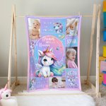 Personalized Fantasy Unicorn Photo Collage Soft Throw Blanket with Name Sofa Decor Baby Shower Birthday Gift for Baby Girls