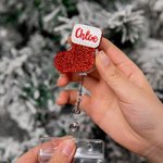 Gepersonaliseerde boog Kerstmis kous Badge Reel met borduurwerk naam Office accessoires kerstcadeau voor verpleegkundige leraar collega