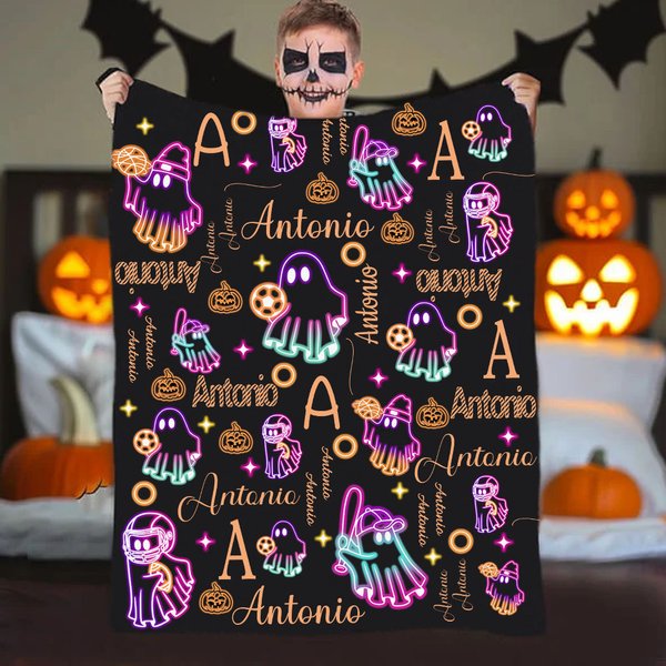 Personalized Halloween Neon Ghost Soft Throw Blanket with Name and Initial Halloween Funny Gift for Boys Girls