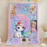 Personalized Fantasy Unicorn Photo Collage Soft Throw Blanket with Name Sofa Decor Baby Shower Birthday Gift for Baby Girls
