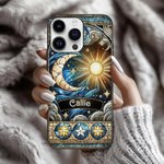Personalised Celestial Sun Moon Star Stained Glass Effect Slim Phone Case for iPhone with Name Birthday Gift for Mysticaism Astronomy Lovers