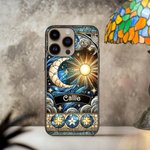 Personalised Celestial Sun Moon Star Stained Glass Effect Slim Phone Case for iPhone with Name Birthday Gift for Mysticaism Astronomy Lovers