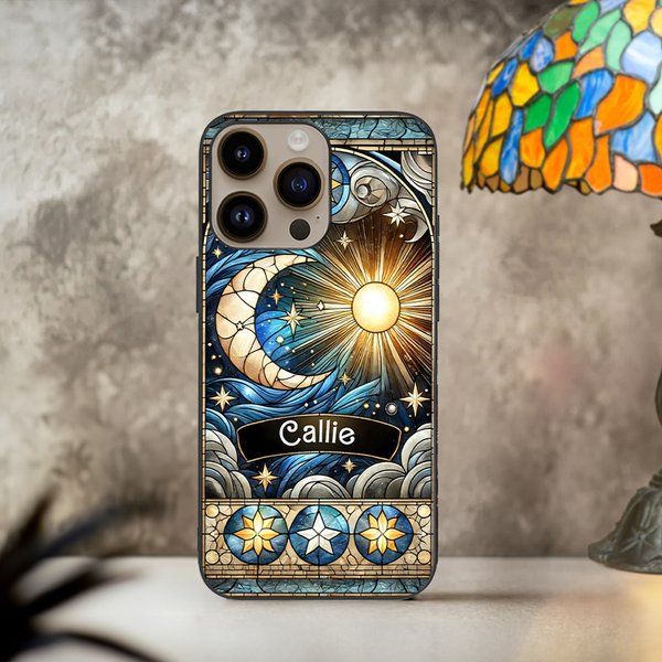 Personalised Celestial Sun Moon Star Stained Glass Effect Slim Phone Case for iPhone with Name Birthday Gift for Mysticaism Astronomy Lovers