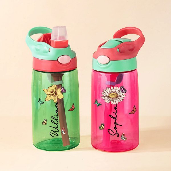 Personalised Vintage Birth Flower Design 16 oz Kid Water Bottle with Straw Back To School Outdoor Accessories Gift for Boys Girls