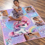 Personalized Fantasy Unicorn Photo Collage Soft Throw Blanket with Name Sofa Decor Baby Shower Birthday Gift for Baby Girls