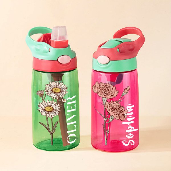 Personalized Birth Flower Name 16 oz Kid Water Bottle with Silicone Straw and Handle Birthday Back to School Gift for Boys Girls