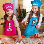 Personalised Cartoon Character Birth Flower Name Adjustable Kid Apron Chef Hat Set with Pocket for Cooking Christmas Birthday Gift for Boys Girls