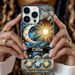 Personalised Celestial Sun Moon Star Stained Glass Effect Slim Phone Case for iPhone with Name Birthday Gift for Mysticaism Astronomy Lovers