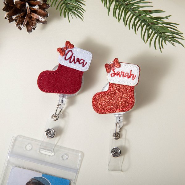 Gepersonaliseerde boog Kerstmis kous Badge Reel met borduurwerk naam Office accessoires kerstcadeau voor verpleegkundige leraar collega