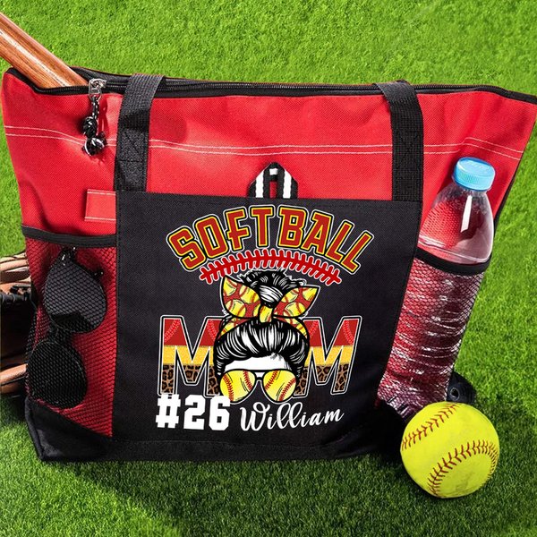 Personalized Multicolor Softball Mom Durable Zippered Mesh Tote Bag with Name and Number Birthday Sport Gift for Women