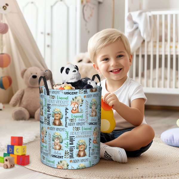 Panier à linge pliable personnalisé avec nom et poignée Ours, Renard, Écureuil, Animaux des bois, Cadeau d'anniversaire pour Garçons et Filles