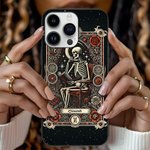 Coque iPhone Vintage Personnalisée avec Nom Design Squelette Tarot Cadeau Halloween Anniversaire pour Amoureux de Gothique