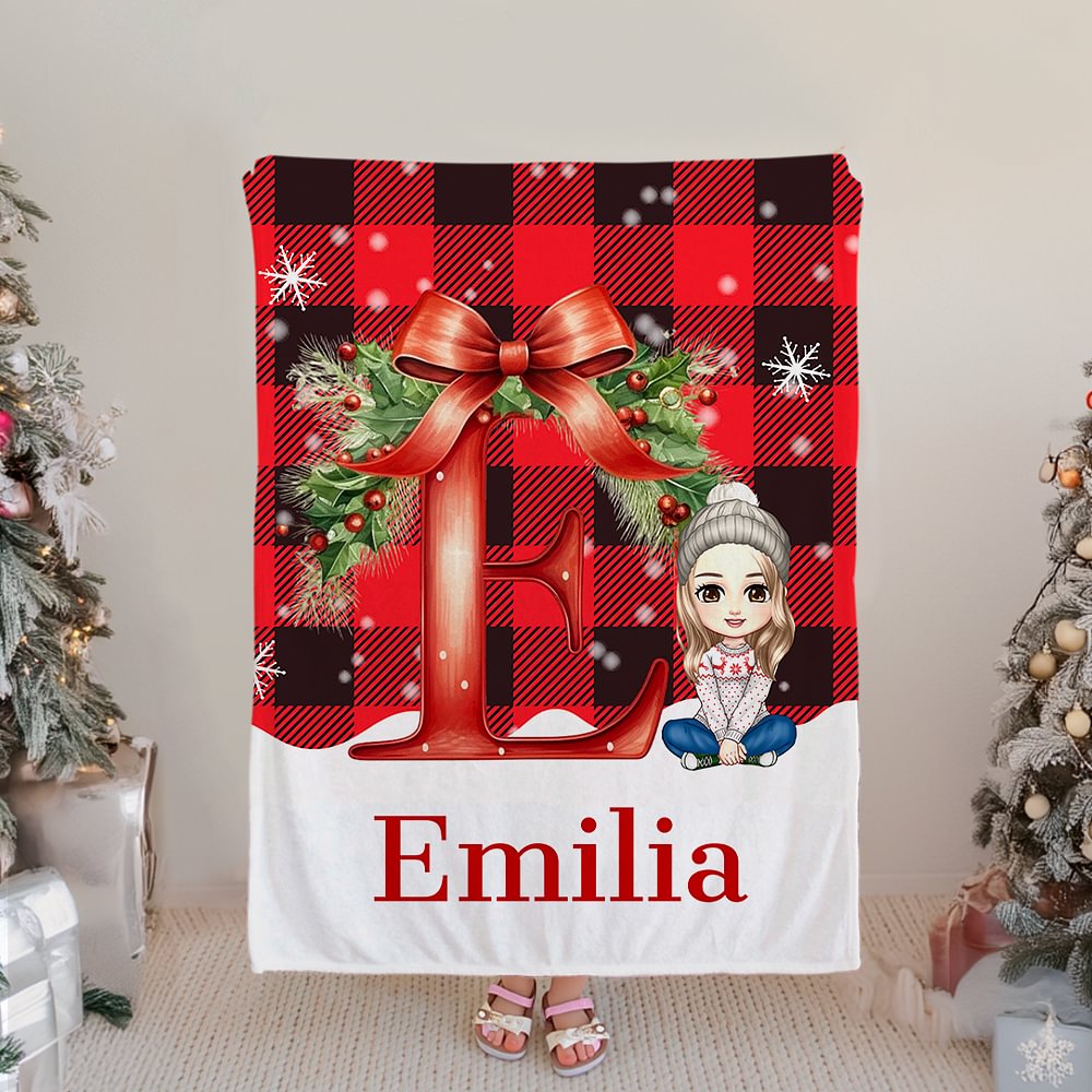 Personalised Cartoon Holly Wreath Bow Soft Colorful Plaid Throw Blanket