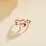 Personalised Double Heart Birthstone Cross Ring with Engraved Text Dainty Christian Jewellery Birthday Baptism Christmas Gift for Women