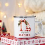 Mug émaillé personnalisé Père Noël Initial Joyeux Noël 11oz avec nom Cadeau de fête de Noël pour les enfants Famille