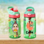 Personalized Cartoon Character Birth Flower Name Kid Water Bottle with Silicone Straw and Handle Birthday Gift for Boys Girls