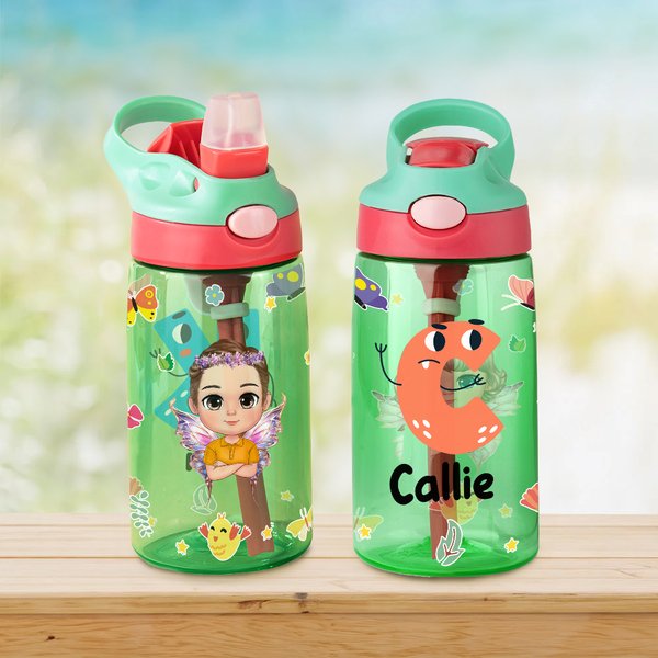 Botella de agua personalizada con pajita de silicona y asa con flor de nacimiento y nombre regalo de cumpleaños para niños