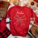 Personnalisé Lumières colorées Coquette Bow Matching Kid Adult T-shirt Sweatshirt avec Nom Anniversaire Noël Cadeau pour la famille