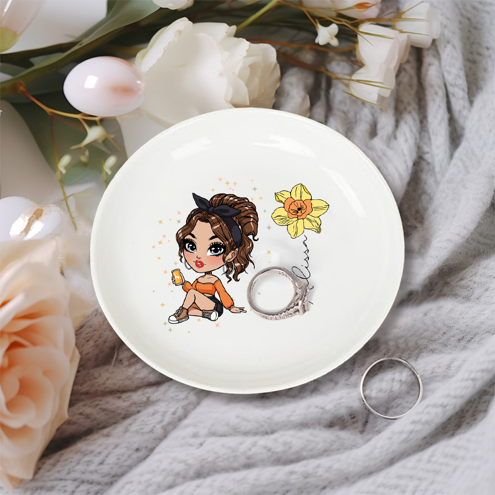 Plat à bijoux personnalisé en céramique avec nom pour fille, fleur de naissance, cadeau d'anniversaire pour femme, fille.