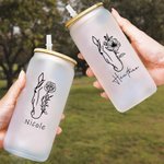 Personalised Horse and Birth Flower 20oz Name Glass Tumbler with Bamboo Lid and Straw Birthday Gift for Horse Lovers